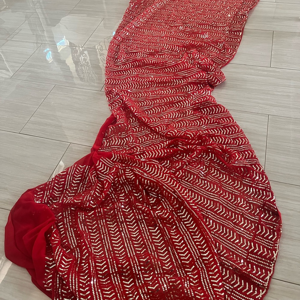 Pre stitched never worn gorgeous red saree with stunning sequins work .
